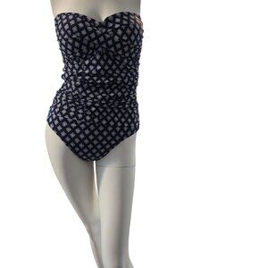 Size 10 Anne Cole Strapless 1-Piece Swimsuit Geometric Pattern Ruched Front
